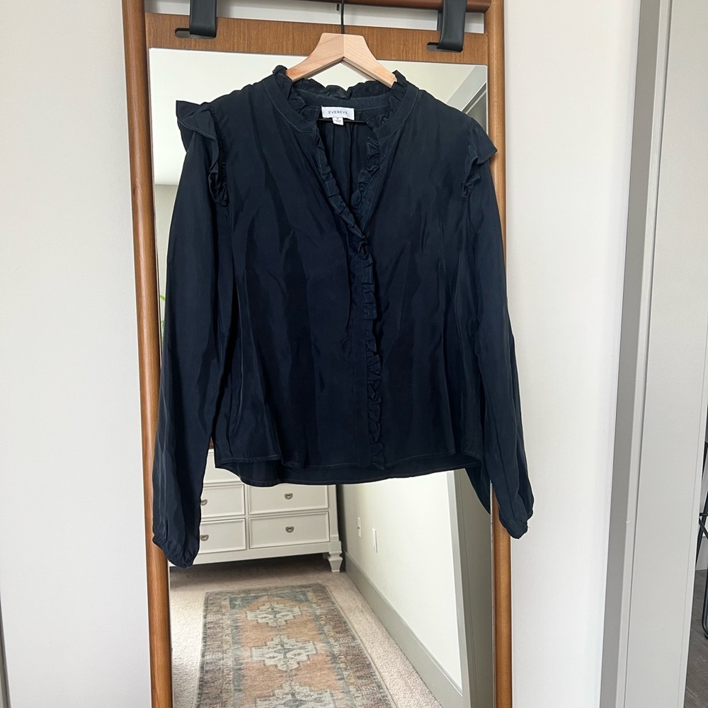 Evereve Navy Ruffled Bib Collar Blouse